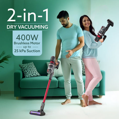 Supreme Cordless Stick Vacuum Cleaner,2In1 Handheld&Stick,400W Motor,25 Kpa Suction Power,3 Adjustable Suction Modes,Adjustable Head,Bagless Dry Vacumming,Red|Hepa Filter,0.5 Litre,1 Count